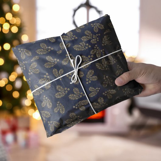 Blauw en goud Holly Berry Kerstmis Tissuepapier
