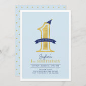 Blauw en goud | Jongen 1e verjaardag Kaart (Voorkant / Achterkant)