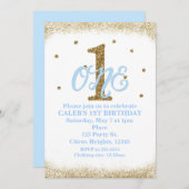 Blauw en Goud Jongens Eerste Verjaardag Feest Kaart (Voorkant / Achterkant)