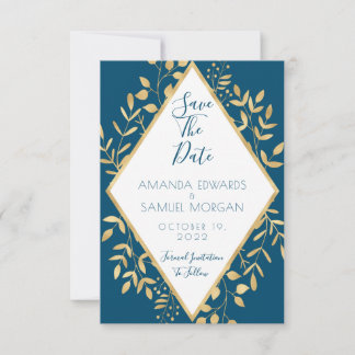 Blauw en Goud Kader Modern Trouwen Bewaar De Datum Save The Date