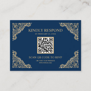 Blauw en Goud Kader QR Code RSVP Trouwwebsite Informatiekaartje