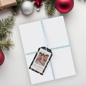 Blauw en goud kerstblad foto cadeaulabel