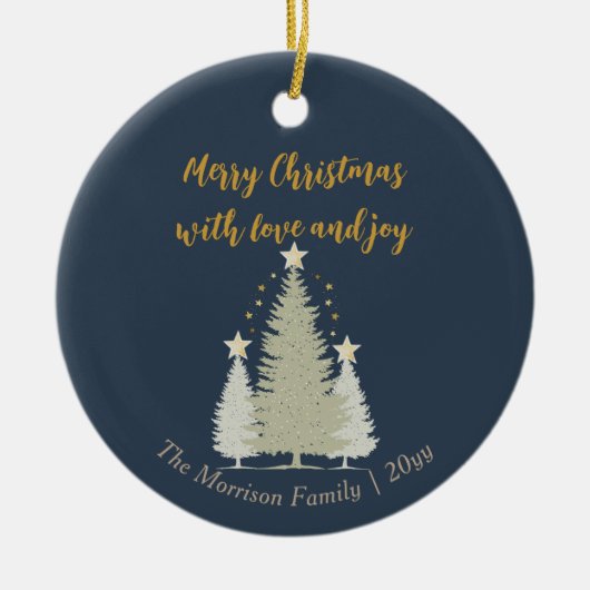 Blauw en goud kerstboom en sterren keramisch ornament (Voorkant)