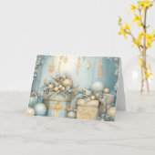 Blauw en Goud Kerstcadeaus en Ornament Design Kaart (Gele Bloem)