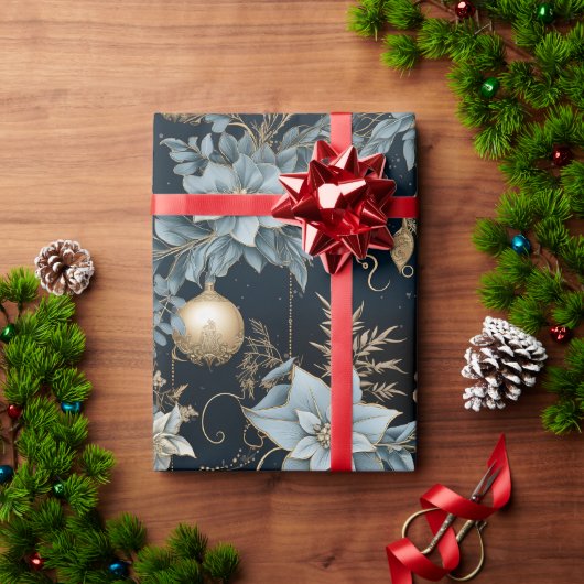Blauw en Goud Kerstversiering Poinsettias Cadeaupapier (Feestdagen Geschenken)