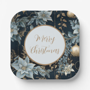 Blauw en Goud Kerstversiering Poinsettias Papieren Bordje