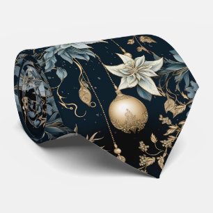 Blauw en Goud Kerstversiering Poinsettias Stropdas