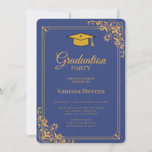 Blauw en goud klassieke afstudeerhoed party  kaart