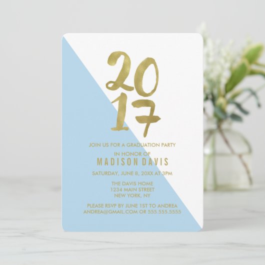 Blauw en goud kleurenblok | afstudeerfeest kaart (Staand voorkant)