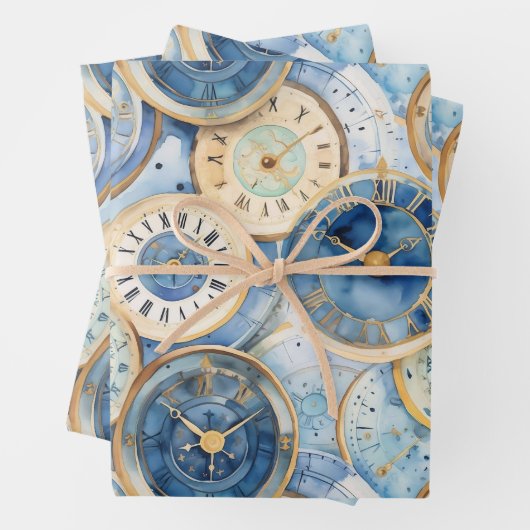 Blauw en Goud Klok Patroon Inpakpapier Vel (In situ)