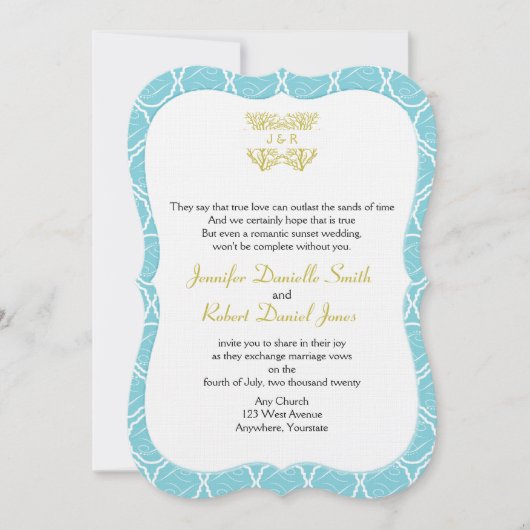 Blauw en Goud Koraal Roos Strand Bruiloft Kaart (Voorkant)