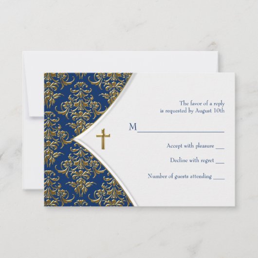 Blauw en Goud Kruis doop RSVP Kaartje (Voorkant)