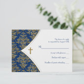 Blauw en Goud Kruis doop RSVP Kaartje (Staand voorkant)