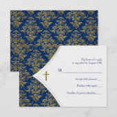 Blauw en Goud Kruis doop RSVP Kaartje (Voorkant / Achterkant)