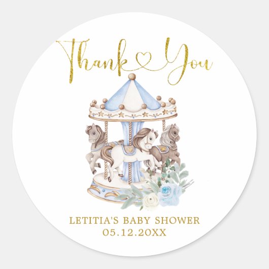 Blauw en Goud Magische Carrousel Dank U Sticker (Voorkant)