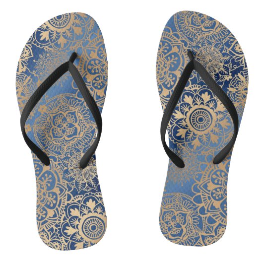 Blauw en Goud Mandala Patroon Teenslippers (Voetbed)