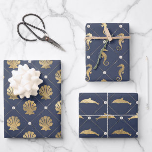 Blauw en goud maritiem patroon inpakpapier vel
