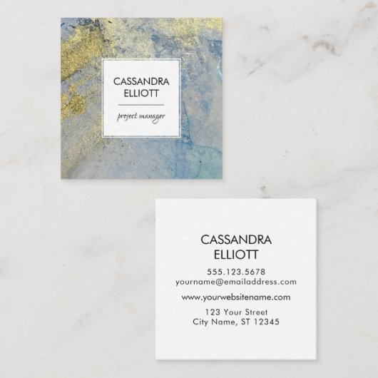 Blauw en Goud Marmer Abstracte Vloeibare Kunst Vierkante Visitekaartje (Voorkant / Achterkant)