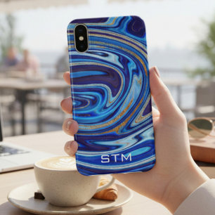 Blauw en Goud Marmer Agaten Monogram iPhone X Hoesje