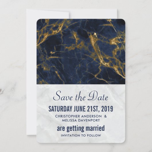Blauw en goud marmer modern stijlvol huwelijk save the date (Voorkant)