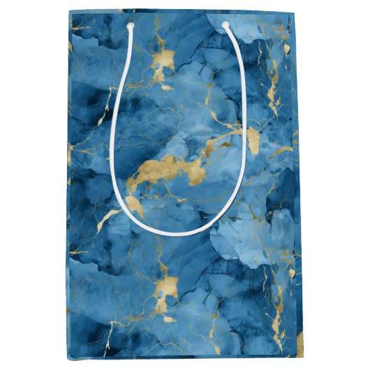 Blauw en goud marmeren vloeibare stijl patroon medium cadeauzakje (Voorkant)