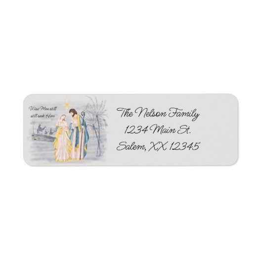 Blauw en goud Mary, Joseph en Jesus Holiday Etiket (Voorkant)