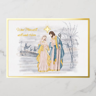 Blauw en goud Mary, Joseph en Jezus Kerstmis Folie Feestdagenkaart