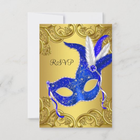 Blauw en Goud Masquerade Party RSVP (Voorkant)