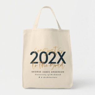 Blauw en goud modern script stijlvol afstuderen tote bag