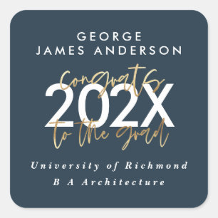 Blauw en goud modern script stijlvol afstuderen vierkante sticker