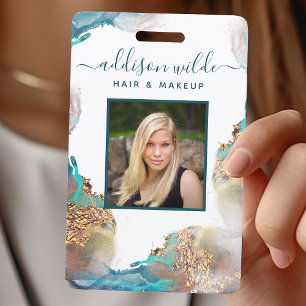 Blauw En Goud Modern Vloeibare Waterverf Salon ID Badge