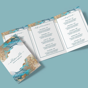 Blauw en Goud Moderne Kunst Vloeibare Inkt Salon B Drieluik Kaart