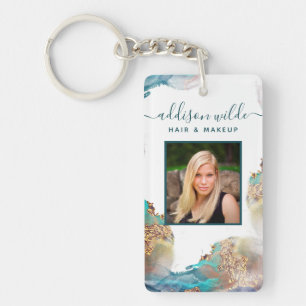 Blauw en goud moderne vloeibare waterverf salon ID Sleutelhanger