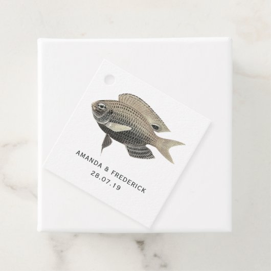Blauw en Goud Nautische Bruiloft Vis Bedankjes Labels (In situ)