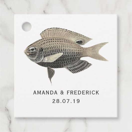 Blauw en Goud Nautische Bruiloft Vis Bedankjes Labels (Voorkant)
