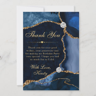 Blauw en goud nep glitters agaat verjaardag bedankkaart