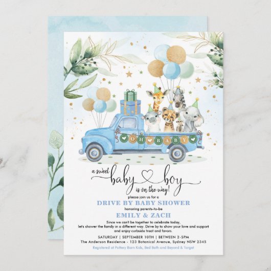 Blauw en Goud Oerwoud Safari Drive Thru Baby showe Kaart (Voorkant / Achterkant)