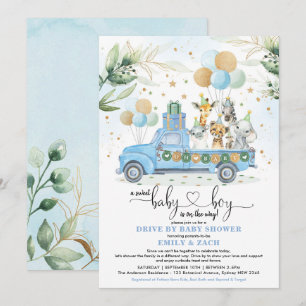 Blauw en Goud Oerwoud Safari Drive Thru Baby showe Kaart