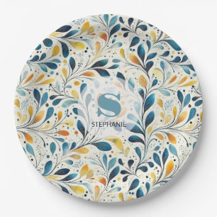Blauw en Goud Paisley Blad Patroon (2) Papieren Bordje