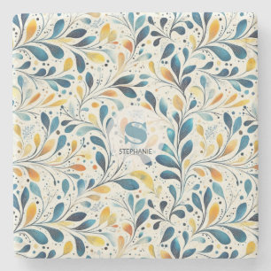 Blauw en Goud Paisley Blad Patroon (2) Stenen Onderzetter