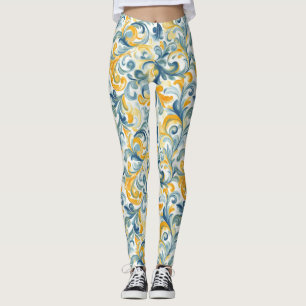 Blauw en Goud Paisley Blad Patroon Leggings