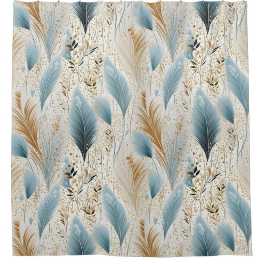 Blauw en Goud Pampas Gras Douchegordijn (Voorkant)