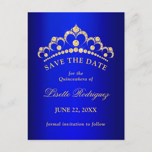 Blauw en goud Quinceanera Save The Date Briefkaart (Voorkant)