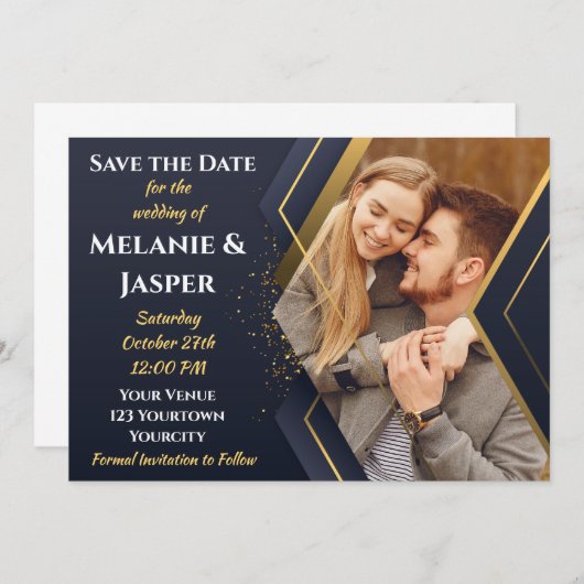 Blauw en goud save the date (Voorkant / Achterkant)