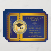 Blauw en Goud Ticket Graduation Party Kaart (Voorkant / Achterkant)