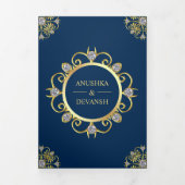 Blauw en Goud Traditionele Mandala Indiase bruilof Drieluik Uitnodiging (Cover)