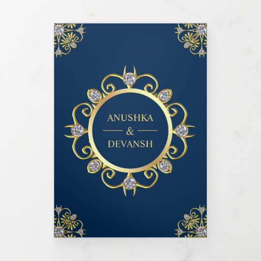 Blauw en Goud Traditionele Mandala Indiase bruilof Drieluik Uitnodiging (Cover)
