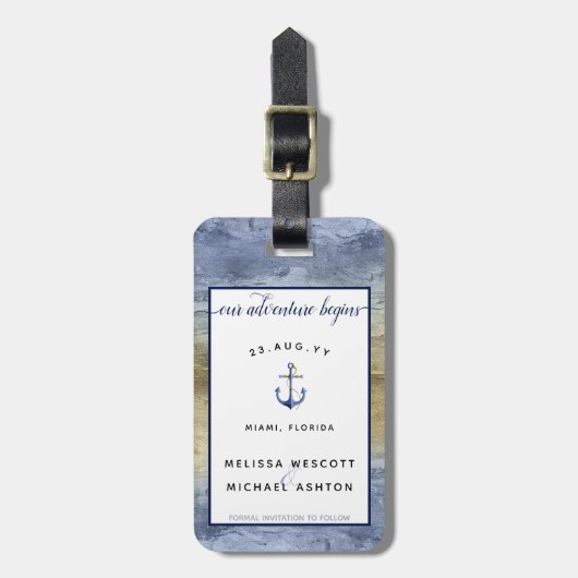 Blauw en Goud Trouwen Save the Date Bagagelabel (Voorkant verticaal)