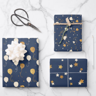 Blauw en goud viering patroon inpakpapier vel