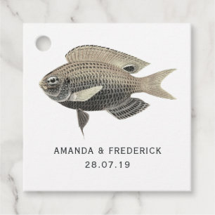 Blauw en goud vintage nautisch huwelijksvis bedankjes labels